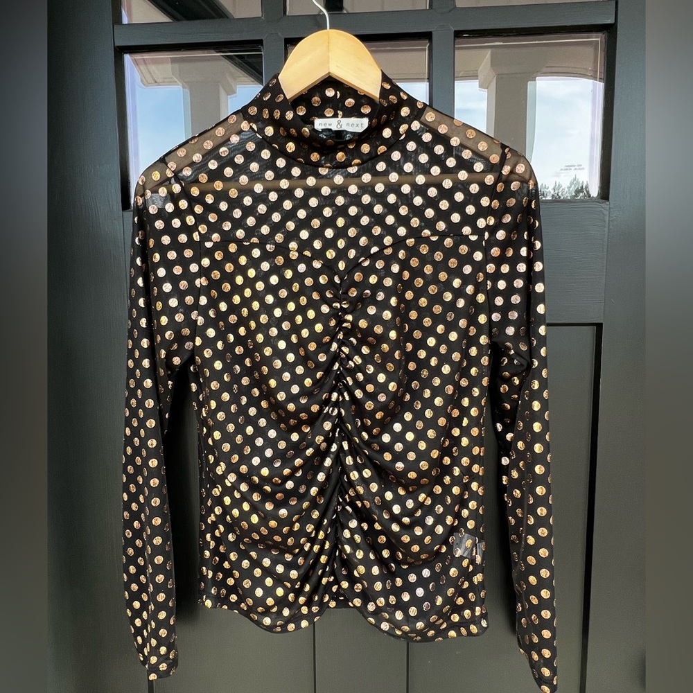 Women's M Black Gold Glitter Polka Dot Sheer Long Sleeve Blouse Party Holiday